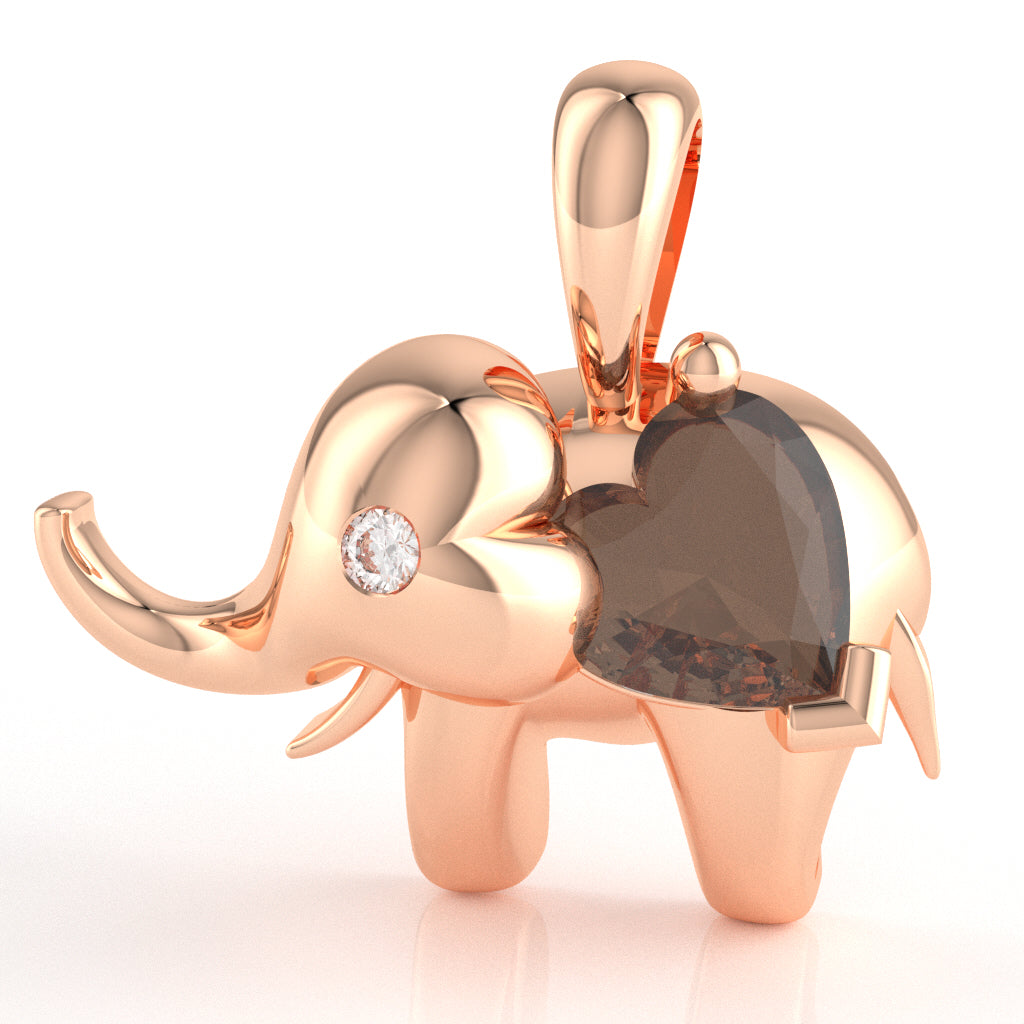 Smoky Quartz Diamond Elephant Heart Birthstone Pendant In 10k Rose Gold