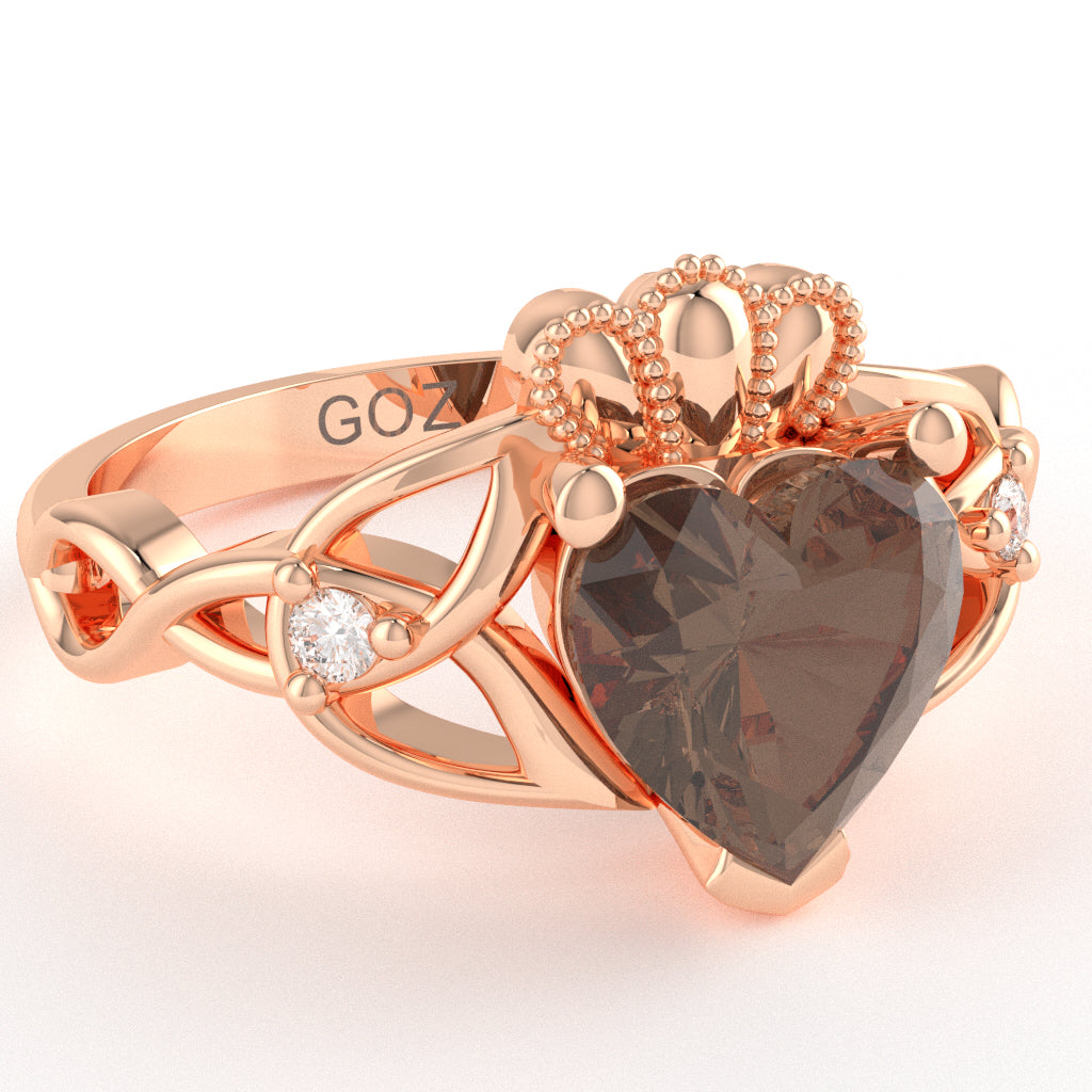 Celtic Trinity Knot Claddagh Heart Smoky Quartz Diamond Ring In 14k Rose Gold