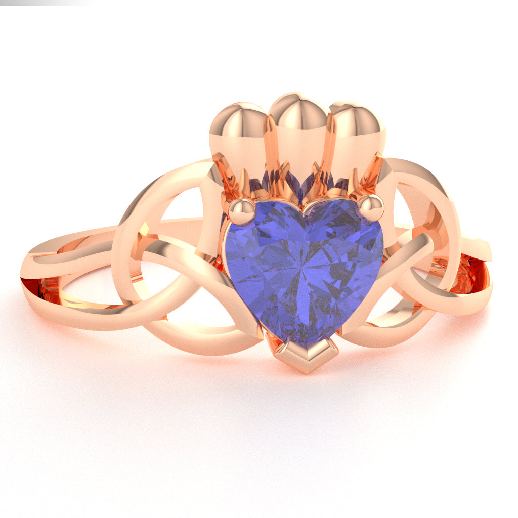 Celtic Trinity Knot Claddagh Tanzanite Engagement Ring In 10k Rose Gold