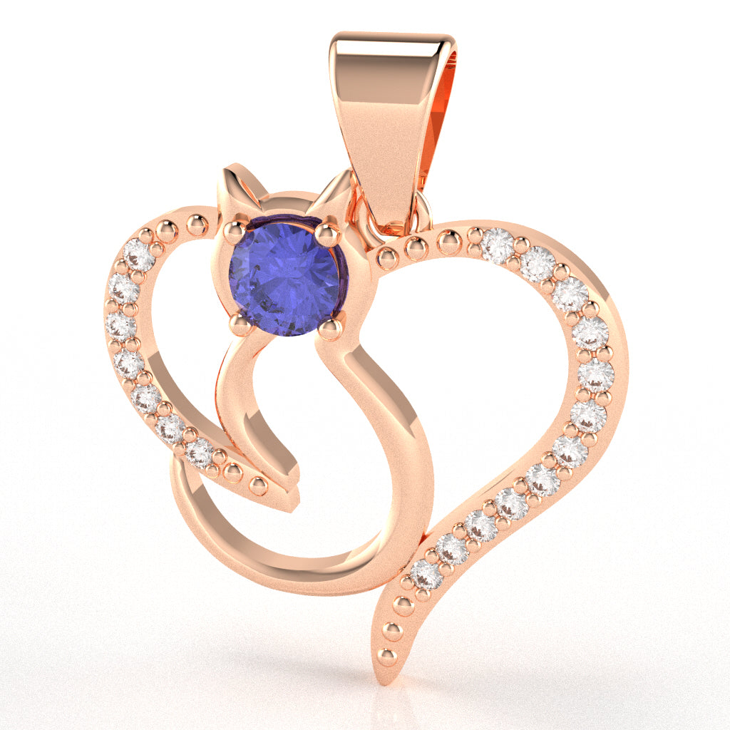 Tanzanite Diamond Cat Love Heart Pendant In 14k Rose Gold