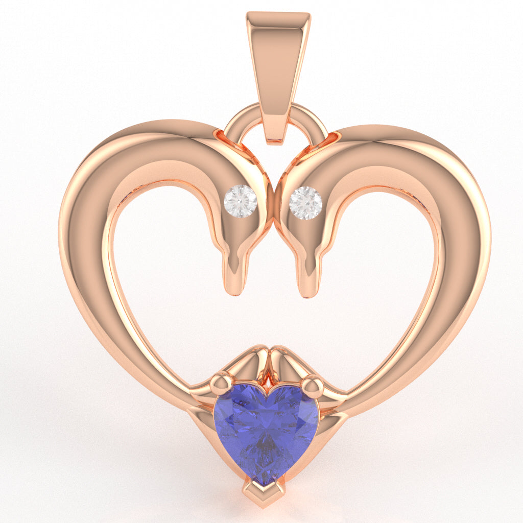 Tanzanite Diamond 2 Dolphins Heart Love Pendant In 10k Rose Gold