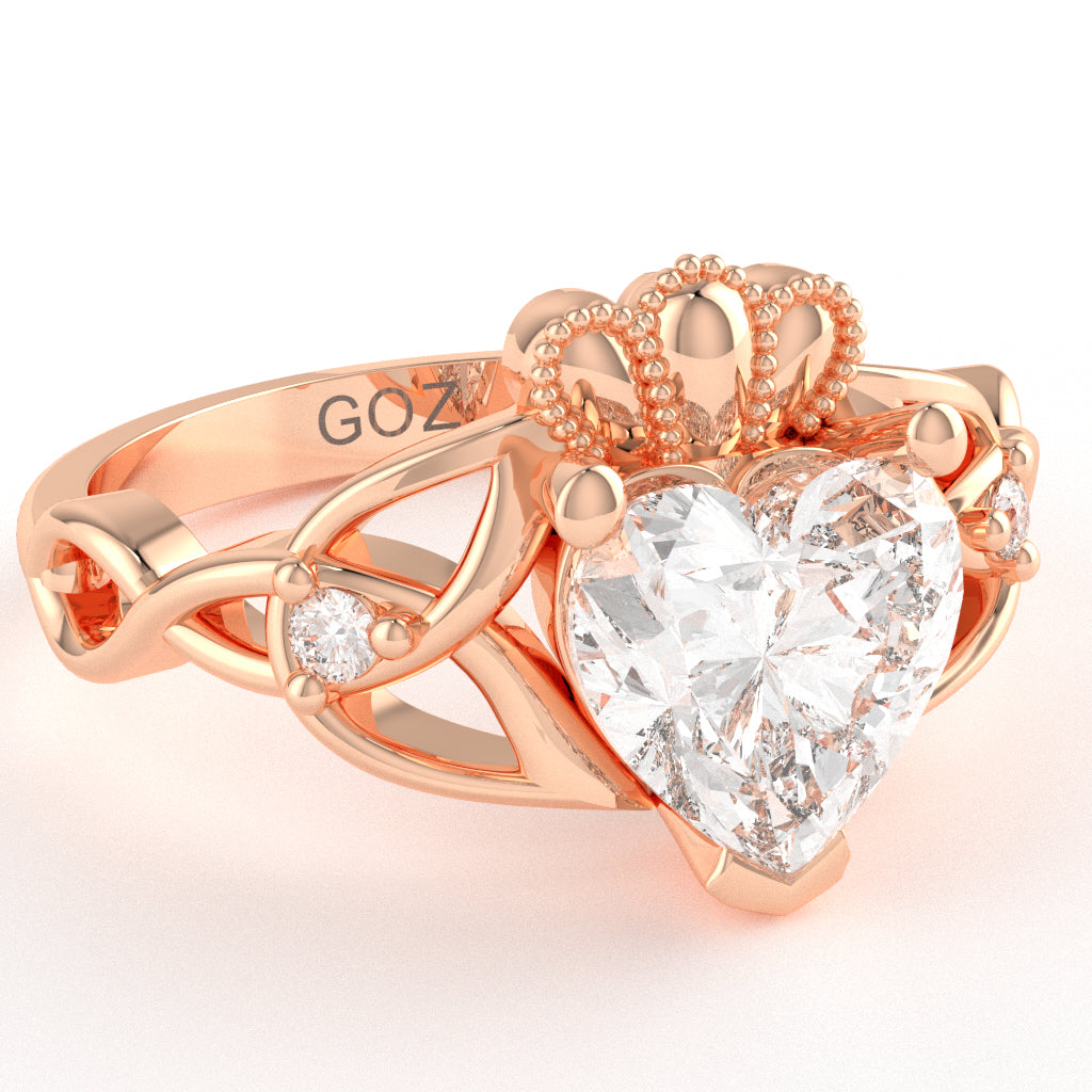 Celtic Trinity Knot Claddagh Heart White Topaz Diamond Ring In 14k Rose Gold