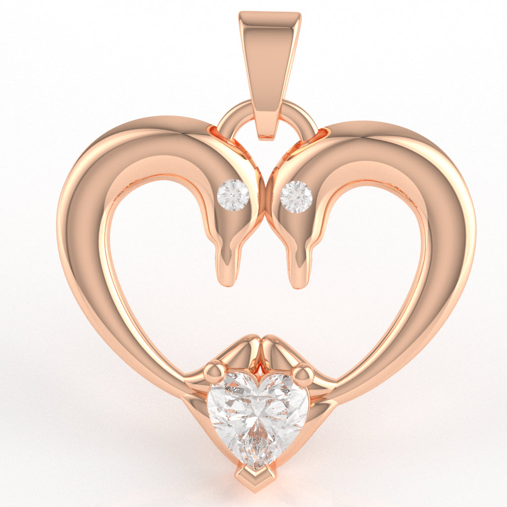 White Topaz Diamond 2 Dolphins Heart Love Pendant In 10k Rose Gold