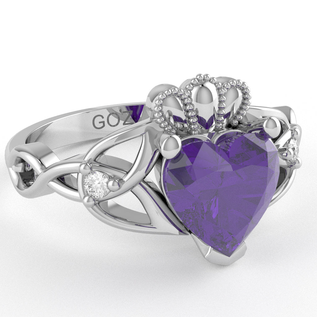 Celtic Trinity Knot Claddagh Heart Amethyst Diamond Ring In 14k White Gold