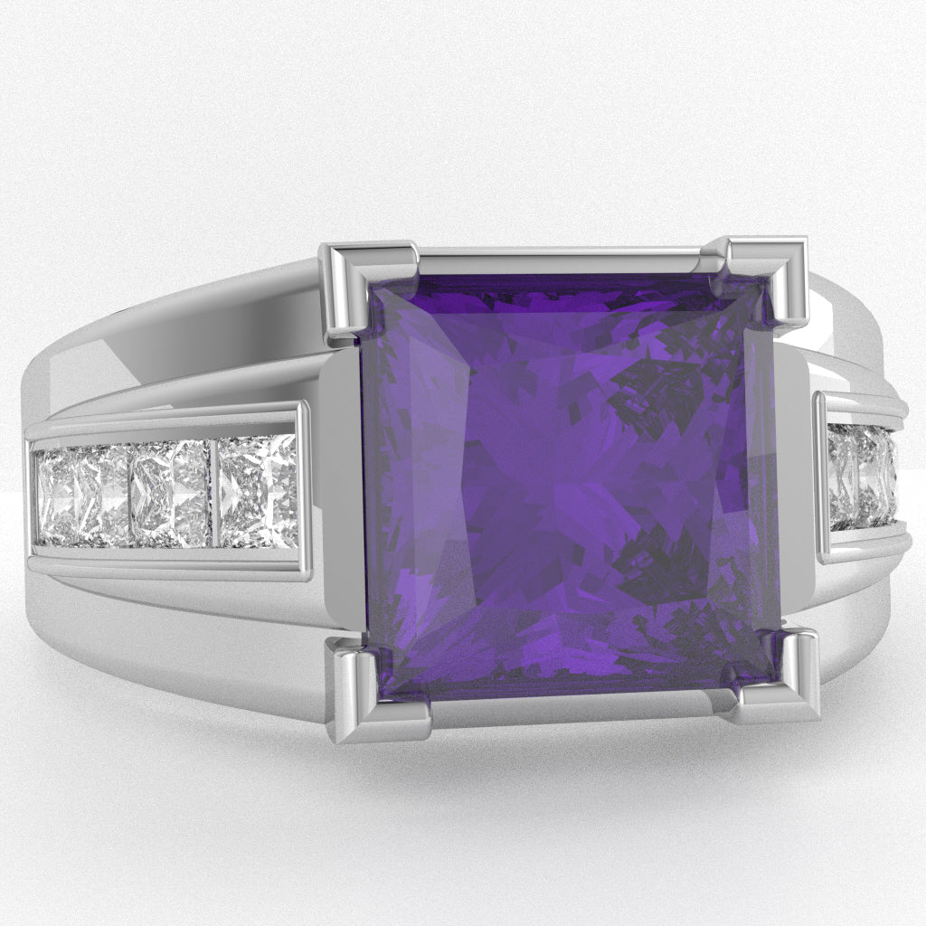 Men's Big Daddy Amethyst Lab-Grown Diamond Channel Ring In Solid 14k White Gold