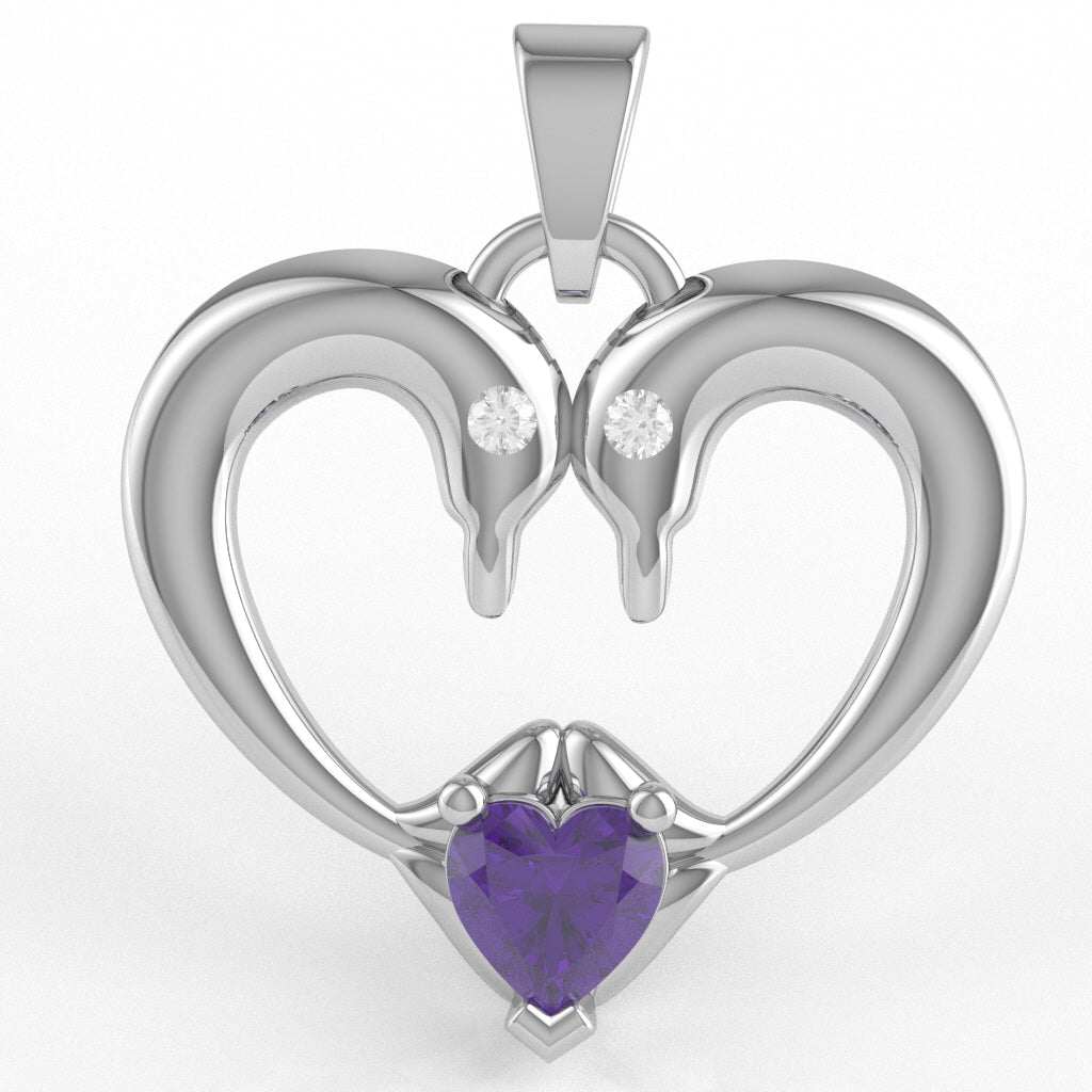 Amethyst Diamond 2 Dolphins Heart Love Pendant In 10k White Gold