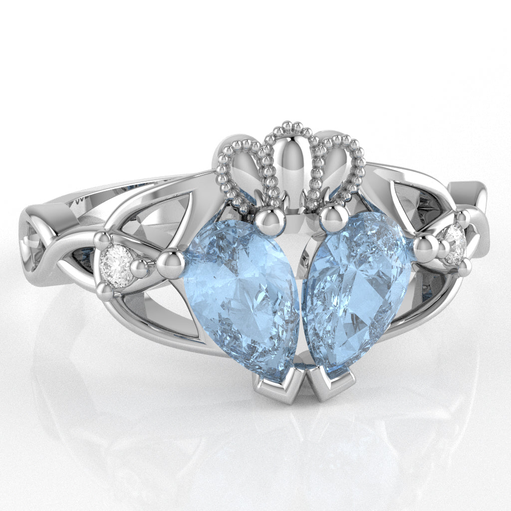 Aquamarine Diamond Celtic Knot Heart Claddagh Ring In 10k White Gold