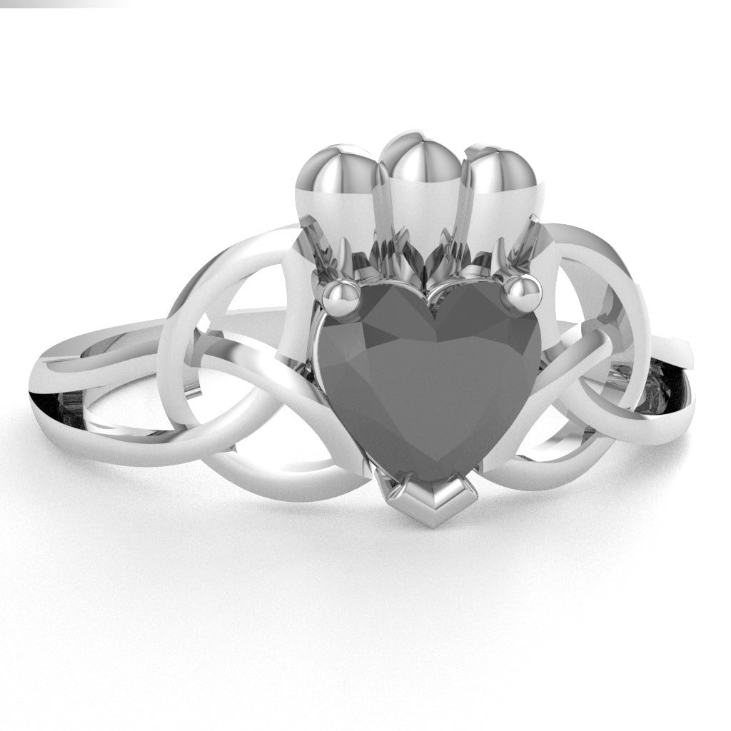 Celtic Trinity Knot Claddagh Black Onyx Engagement Ring In 14k White Gold