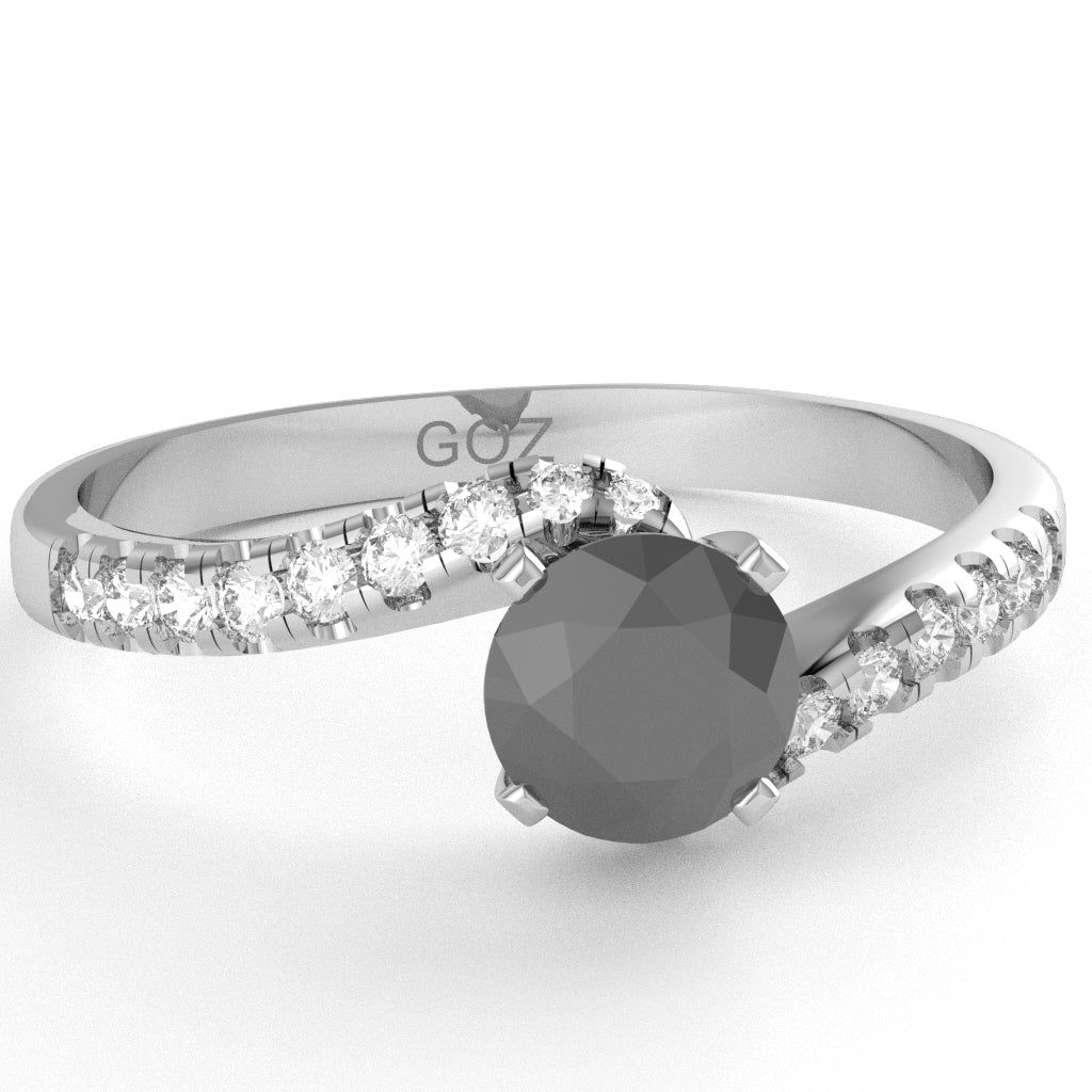 Black Onyx Diamond Curly Dainty Engagement Ring In 10k White Gold