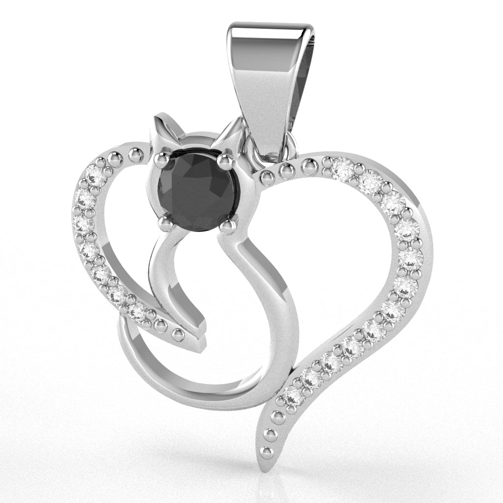 Black Onyx Diamond Cat Love Heart Pendant In 10k White Gold