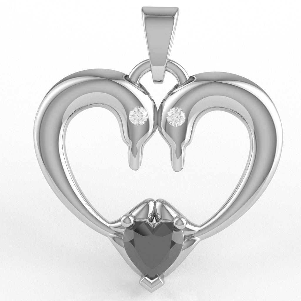 Black Onyx Diamond 2 Dolphins Heart Love Pendant In 10k White Gold
