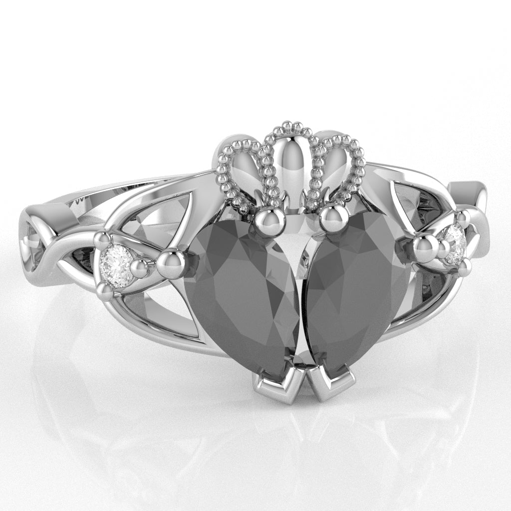 Black Onyx Diamond Celtic Knot Heart Claddagh Ring In 10k White Gold