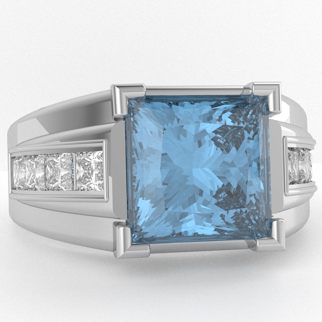 Men's Big Daddy Blue Topaz Lab-Grown Diamond Channel Ring In Solid 14k White Gold