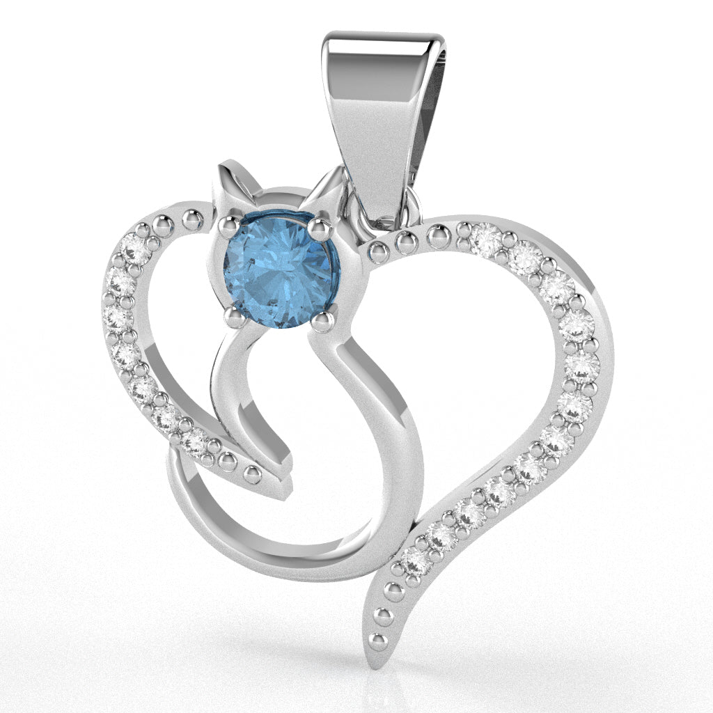 Blue Topaz Diamond Cat Love Heart Pendant In 10k White Gold
