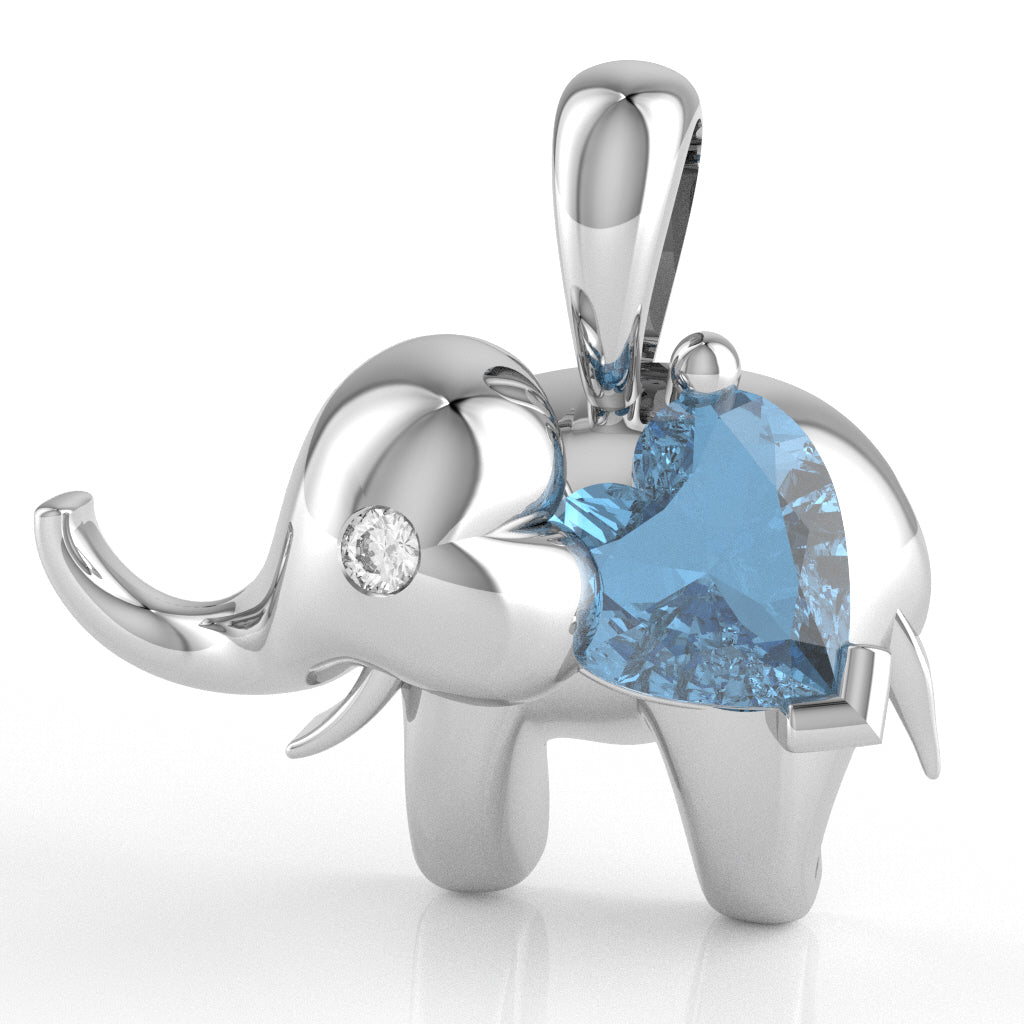 Blue Topaz Diamond Elephant Heart Birthstone Pendant In 10k White Gold