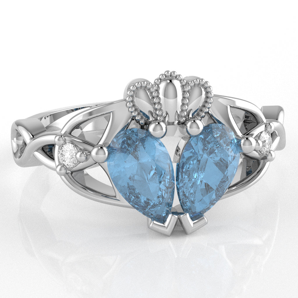 Blue Topaz Diamond Celtic Knot Heart Claddagh Ring In 10k White Gold