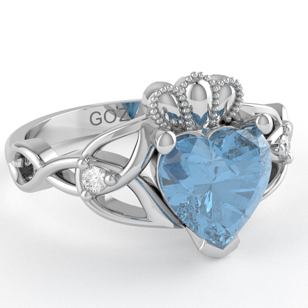 Celtic Trinity Knot Claddagh Heart Blue Topaz Diamond Ring In 10k White Gold