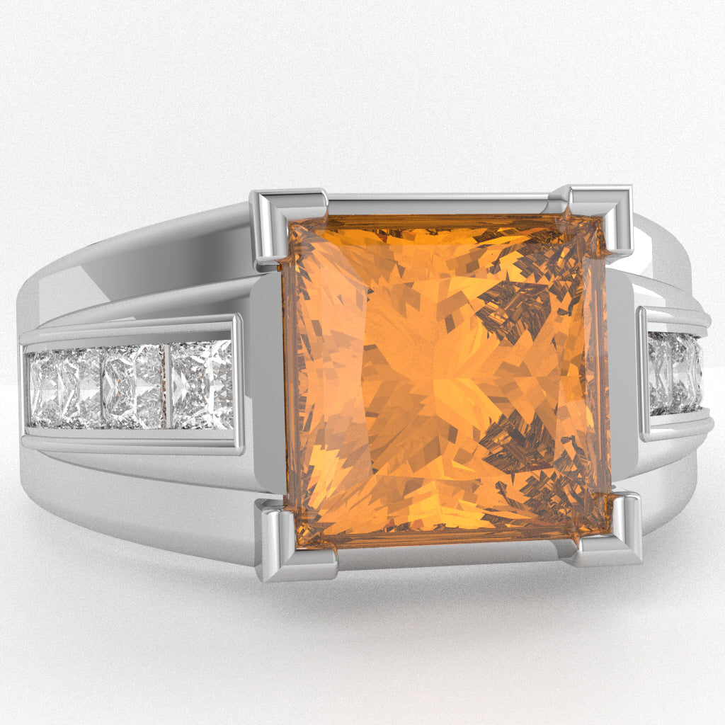 Men's Big Daddy Citrine Lab-Grown Diamond Channel Ring In Solid 14k White Gold