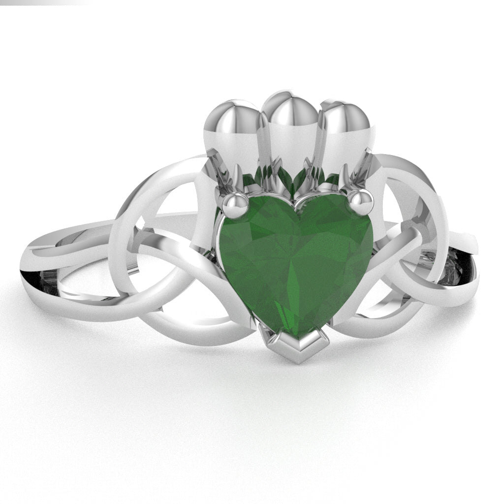 Celtic Trinity Knot Claddagh Emerald Engagement Ring In 10k White Gold