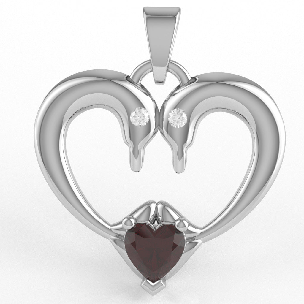 Garnet Diamond 2 Dolphins Heart Love Pendant In 10k White Gold
