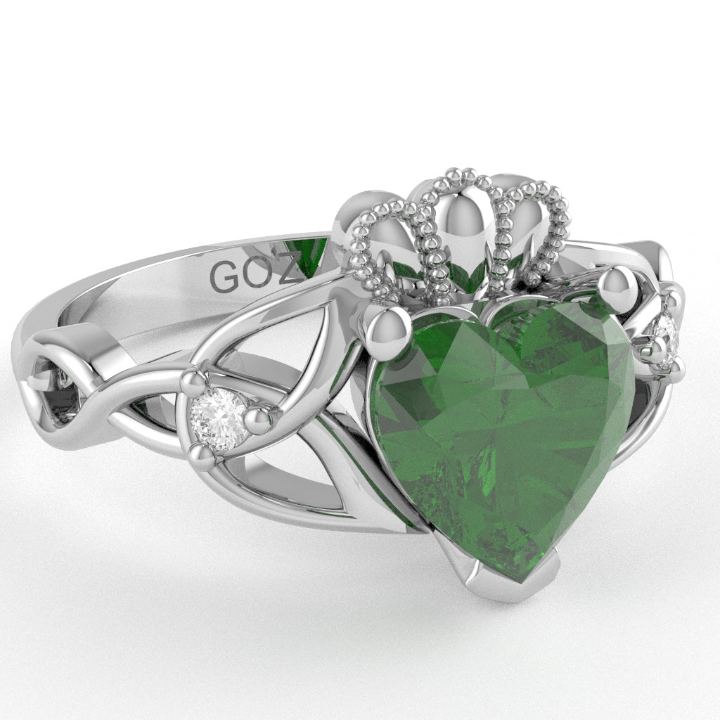 Celtic Trinity Knot Claddagh Heart Lab-Created Emerald Diamond Ring In 14k White Gold