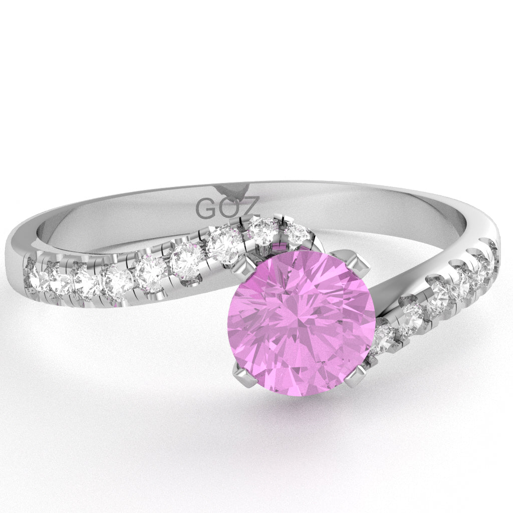 Lab-Created Pink Sapphire Diamond Curly Dainty Engagement Ring In 14k White Gold