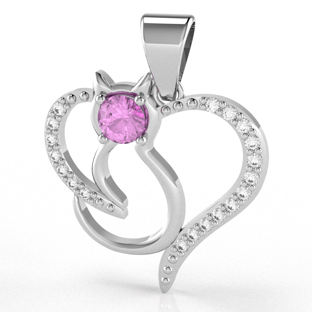 Lab-Created Pink Sapphire Diamond Cat Love Heart Pendant In 10k White Gold