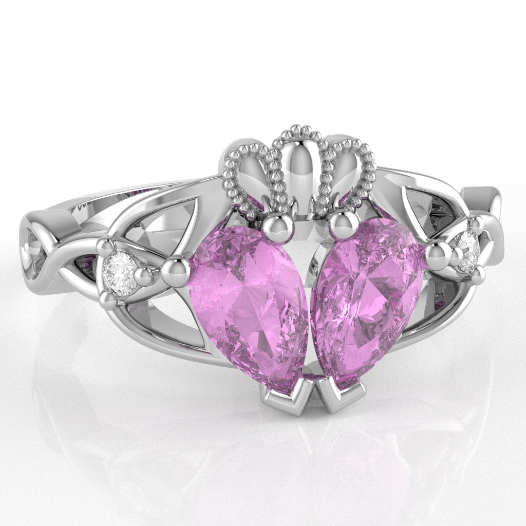 Lab-Created Pink Sapphire Diamond Celtic Knot Heart Claddagh Ring In 14k White Gold