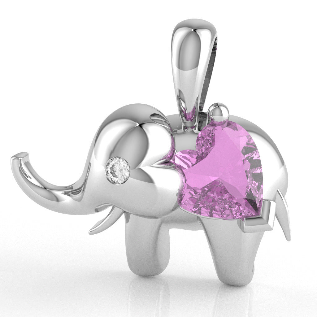 Lab-Created Pink Sapphire Diamond Elephant Heart Birthstone Pendant In 14k White Gold