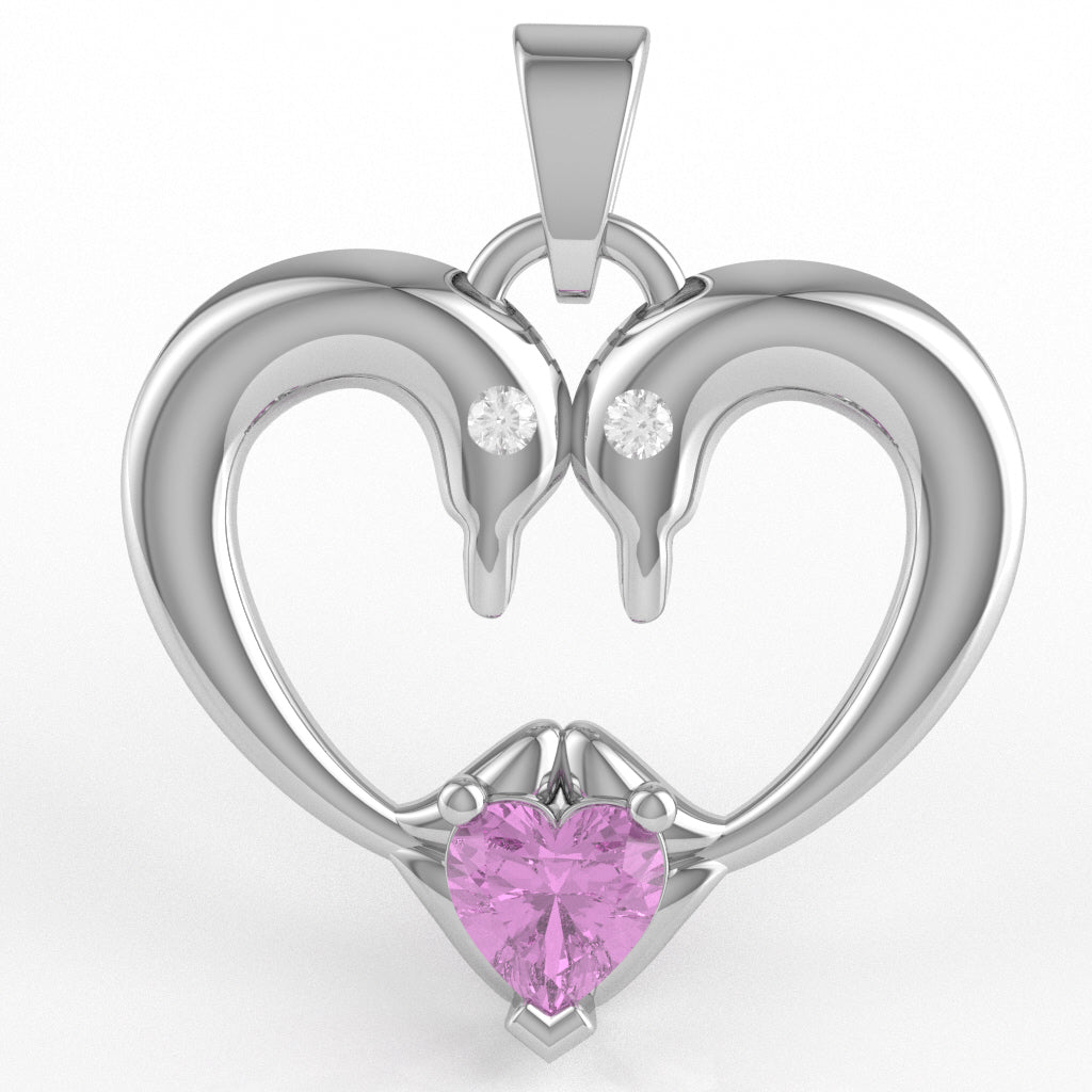 Lab-Created Pink Sapphire Diamond 2 Dolphins Heart Love Pendant In 10k White Gold