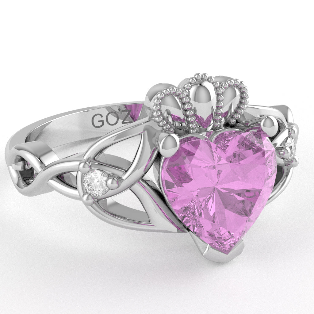 Celtic Trinity Knot Claddagh Heart Lab-Created Pink Sapphire Diamond Ring In 14k White Gold