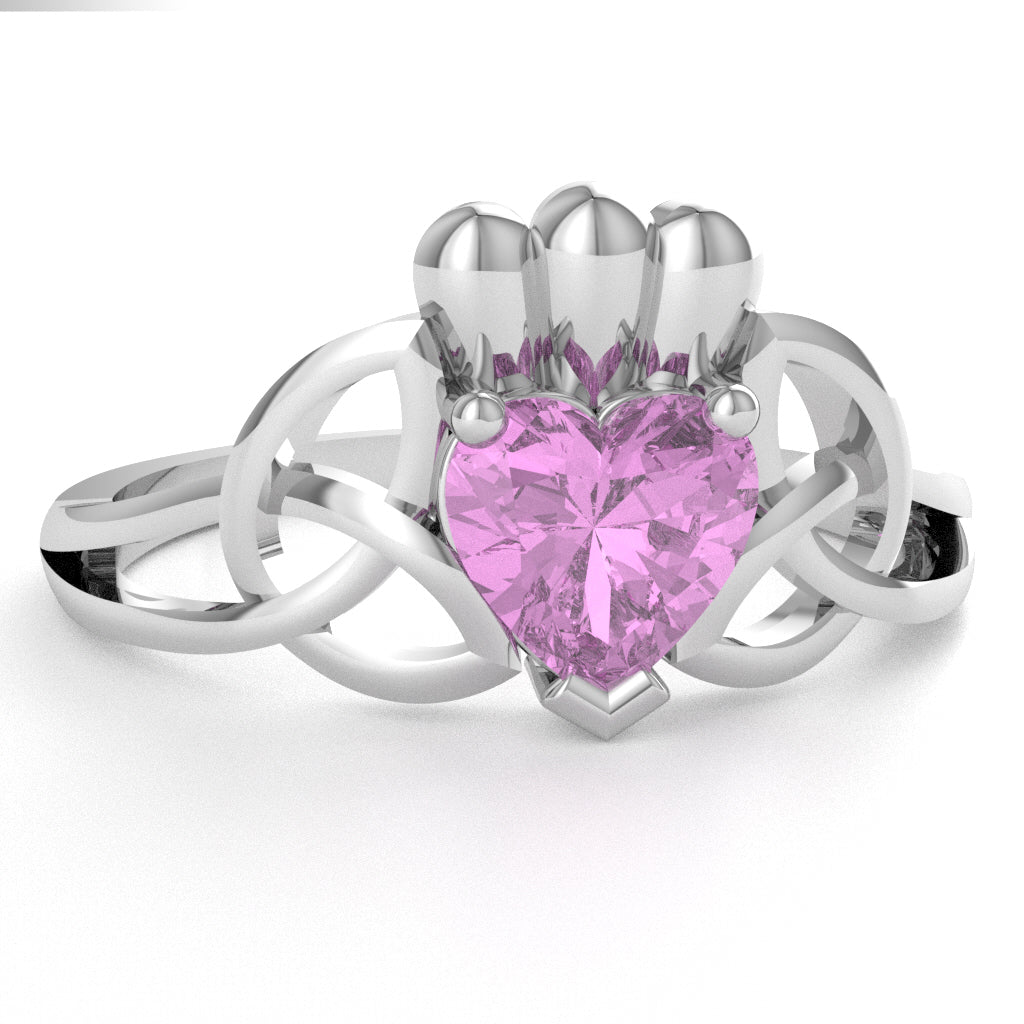 Celtic Trinity Knot Claddagh Lab-Created Pink Sapphire Engagement Ring In 14k White Gold