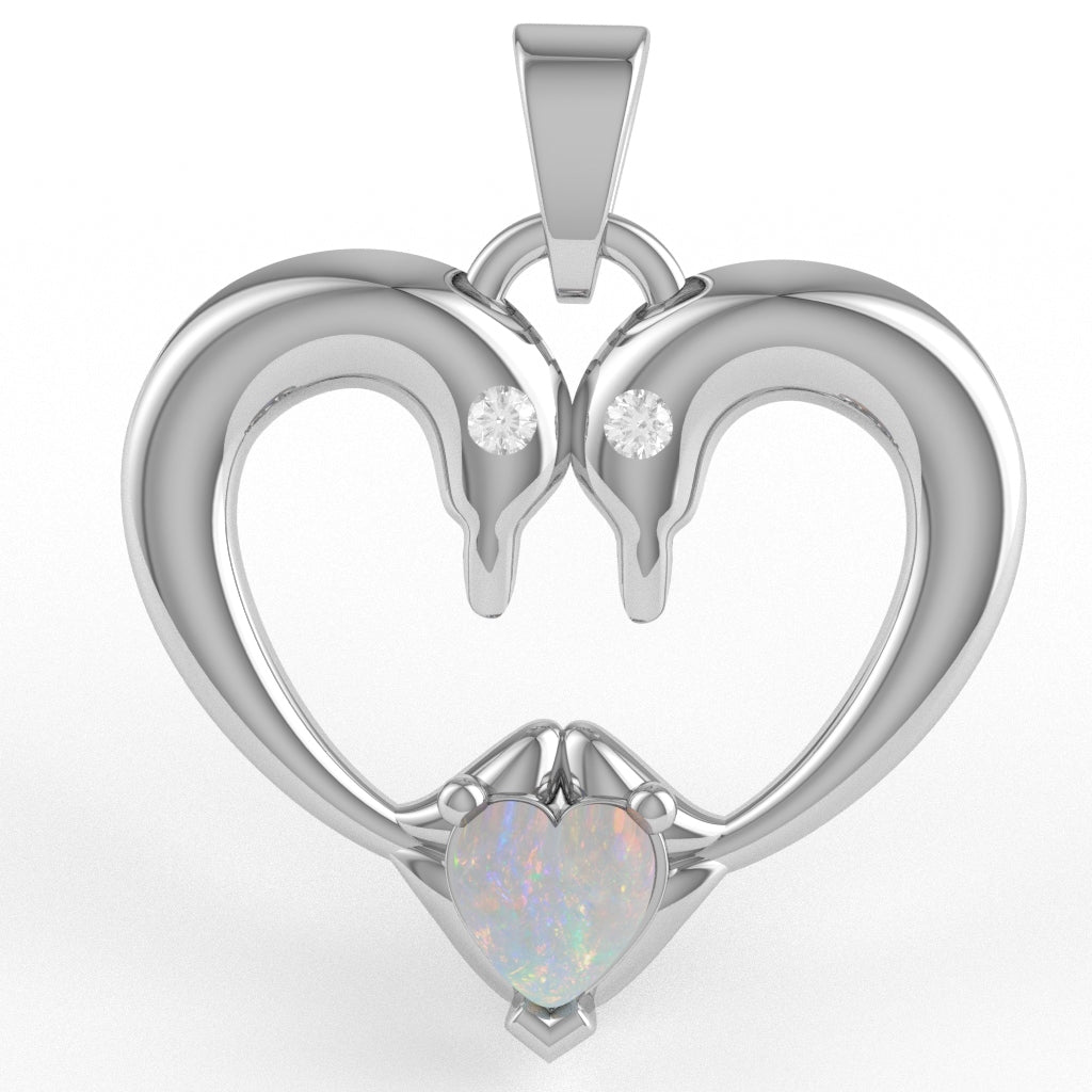 Opal Diamond 2 Dolphins Heart Love Pendant In 10k White Gold