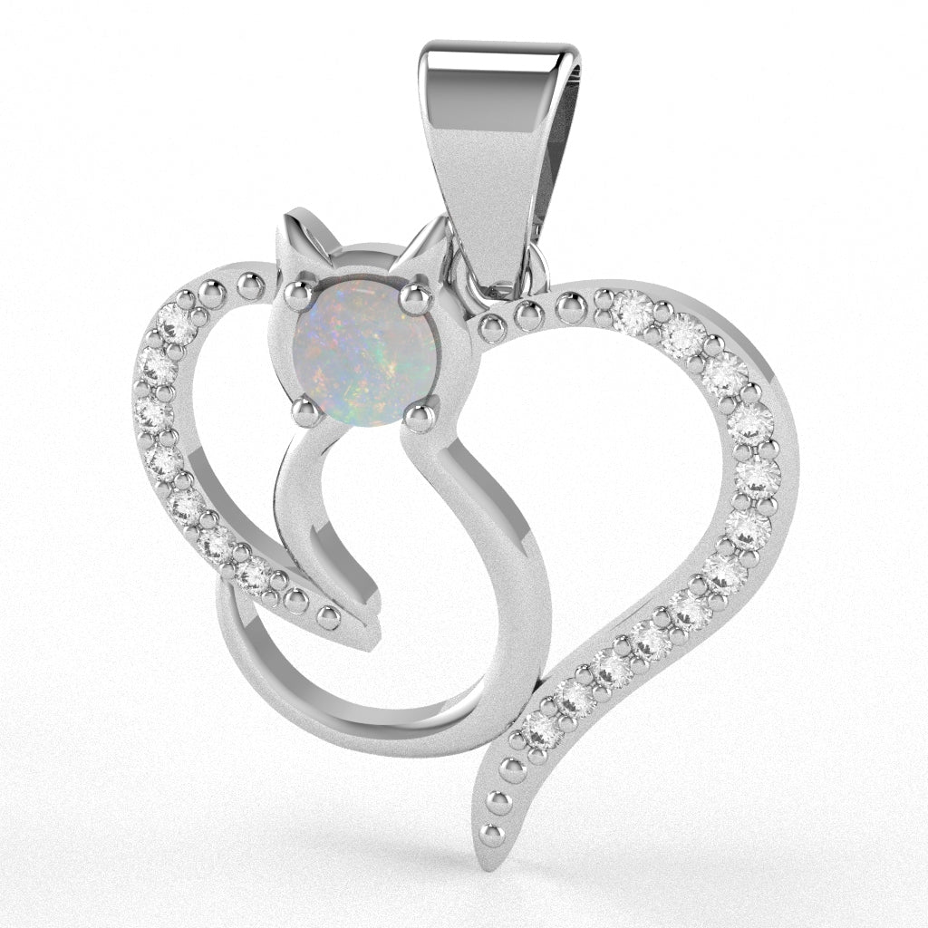 Opal Diamond Cat Love Heart Pendant In 14k White Gold