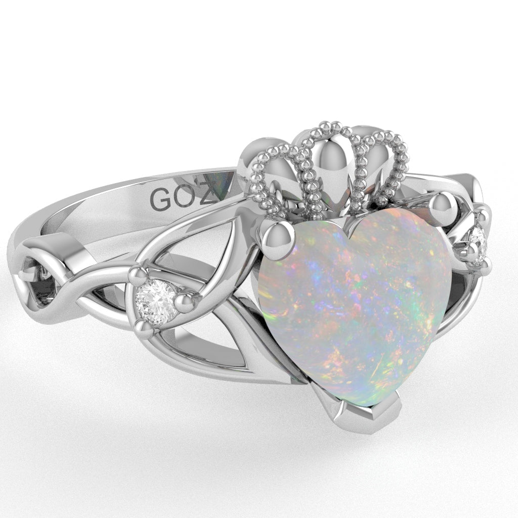 Celtic Trinity Knot Claddagh Heart Opal Diamond Ring In 14k White Gold