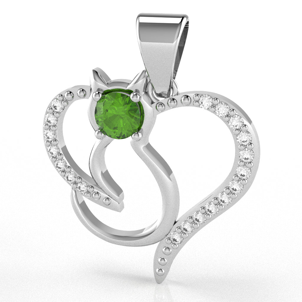 Peridot Diamond Cat Love Heart Pendant In 14k White Gold