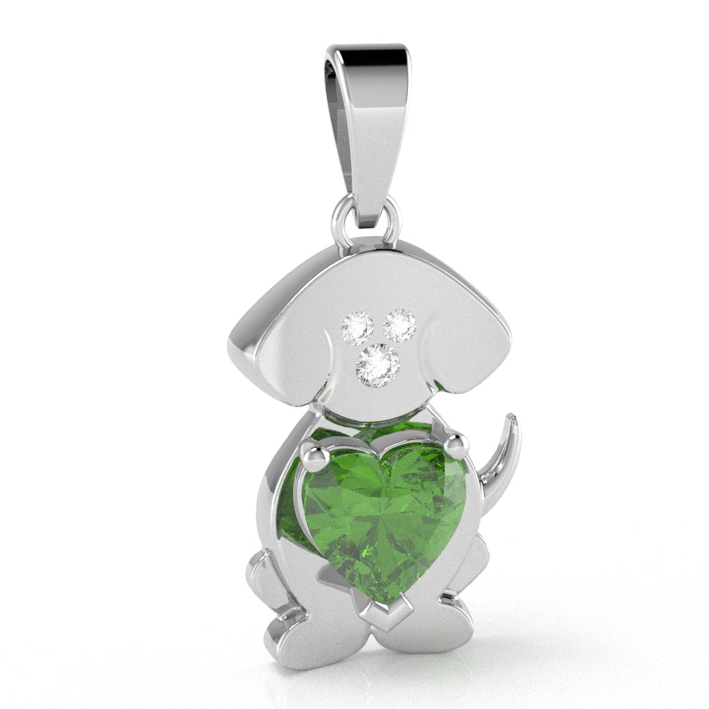 Peridot Diamond Puppy Love Heart Pendant In 10k White Gold