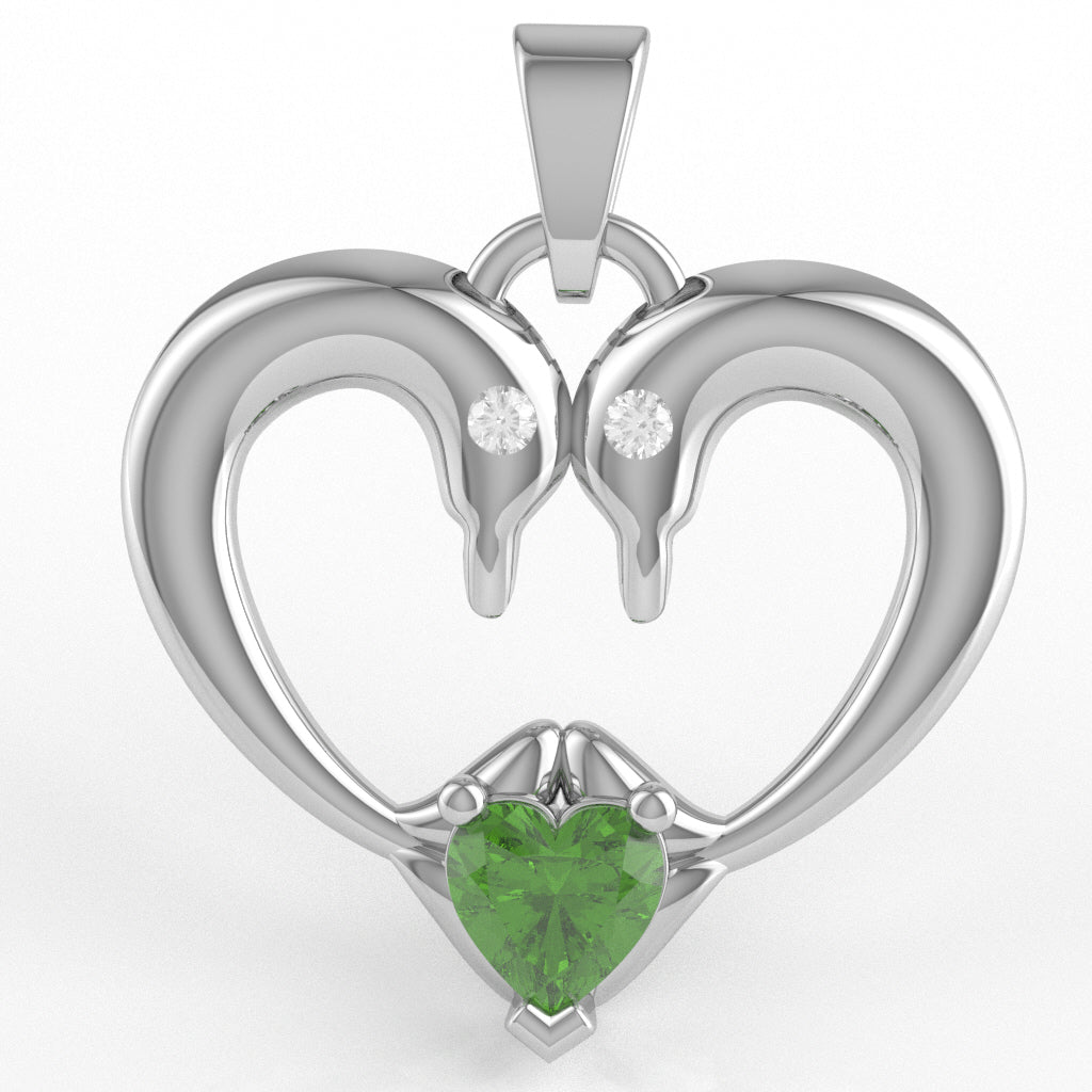 Peridot Diamond 2 Dolphins Heart Love Pendant In 14k White Gold