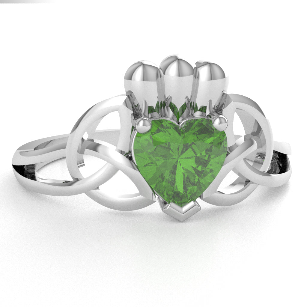 Celtic Trinity Knot Claddagh Peridot Engagement Ring In 14k White Gold