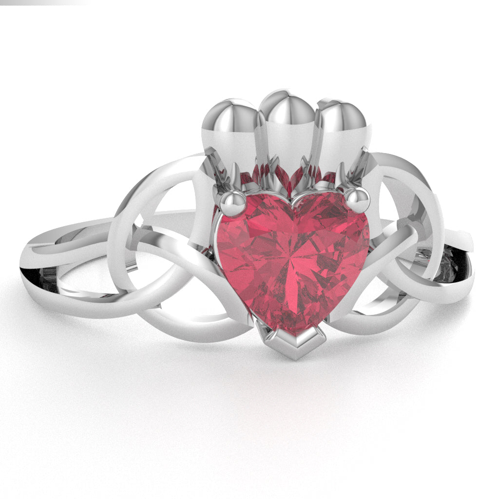 Celtic Trinity Knot Claddagh Pink Tourmaline Engagement Ring In 14k White Gold
