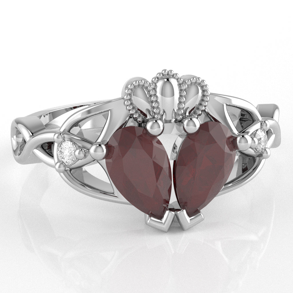 Ruby Diamond Celtic Knot Heart Claddagh Ring In 14k White Gold