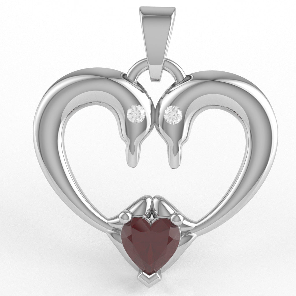 Ruby Diamond 2 Dolphins Heart Love Pendant In 14k White Gold