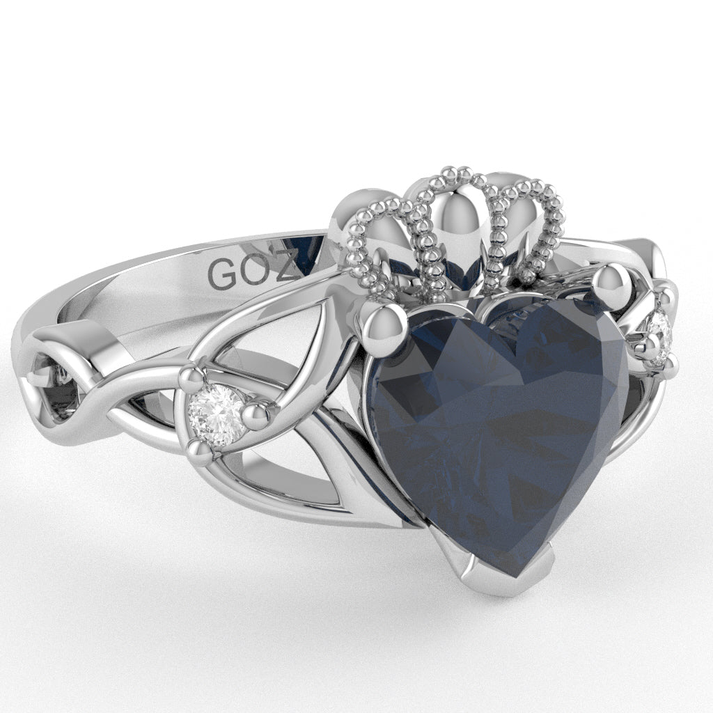 Celtic Trinity Knot Claddagh Heart Sapphire Diamond Ring In 14k White Gold