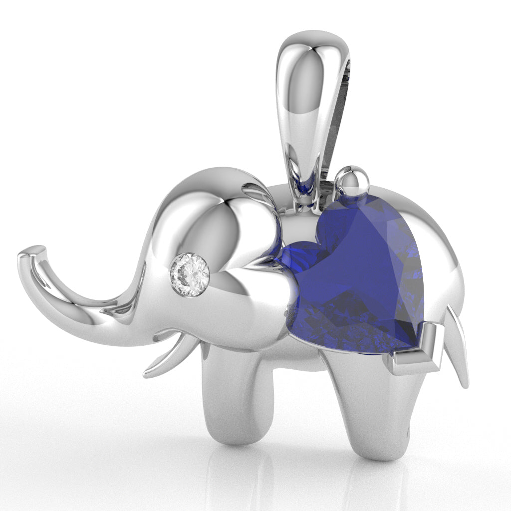 Sapphire Diamond Elephant Heart Birthstone Pendant In 14k White Gold