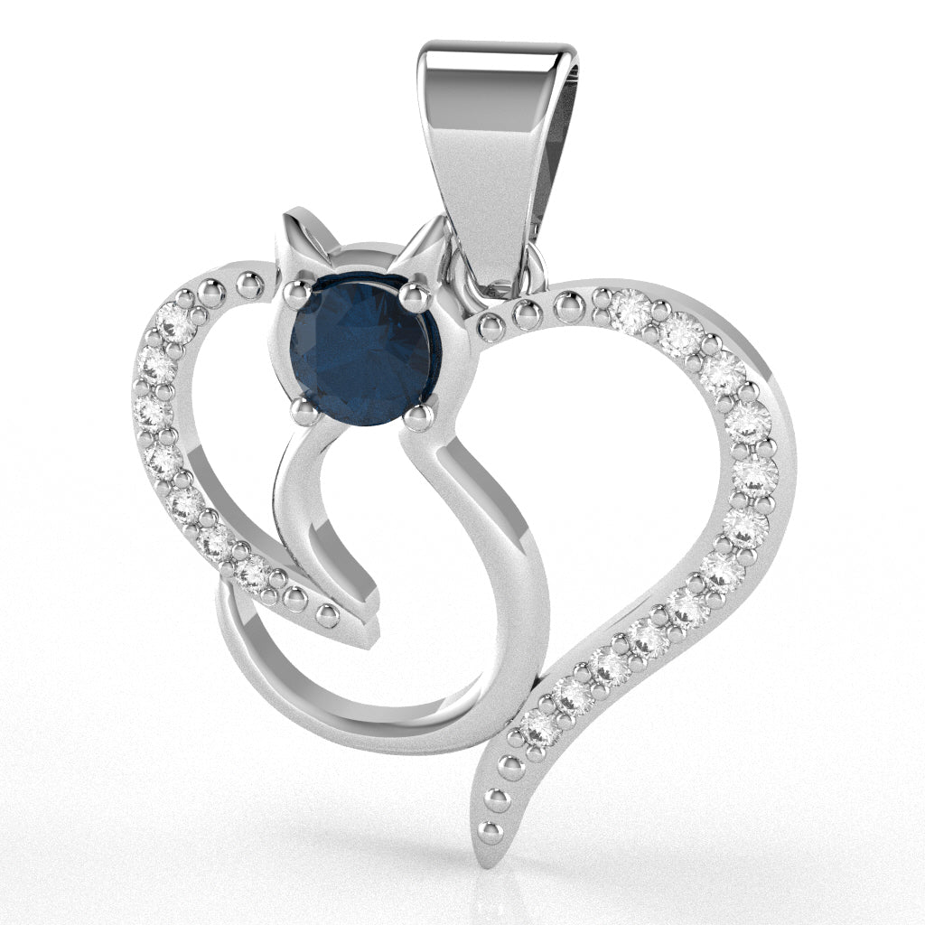 Sapphire Diamond Cat Love Heart Pendant In 14k White Gold