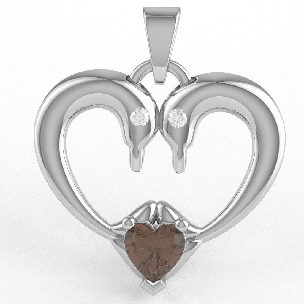 Smoky Quartz Diamond 2 Dolphins Heart Love Pendant In 14k White Gold