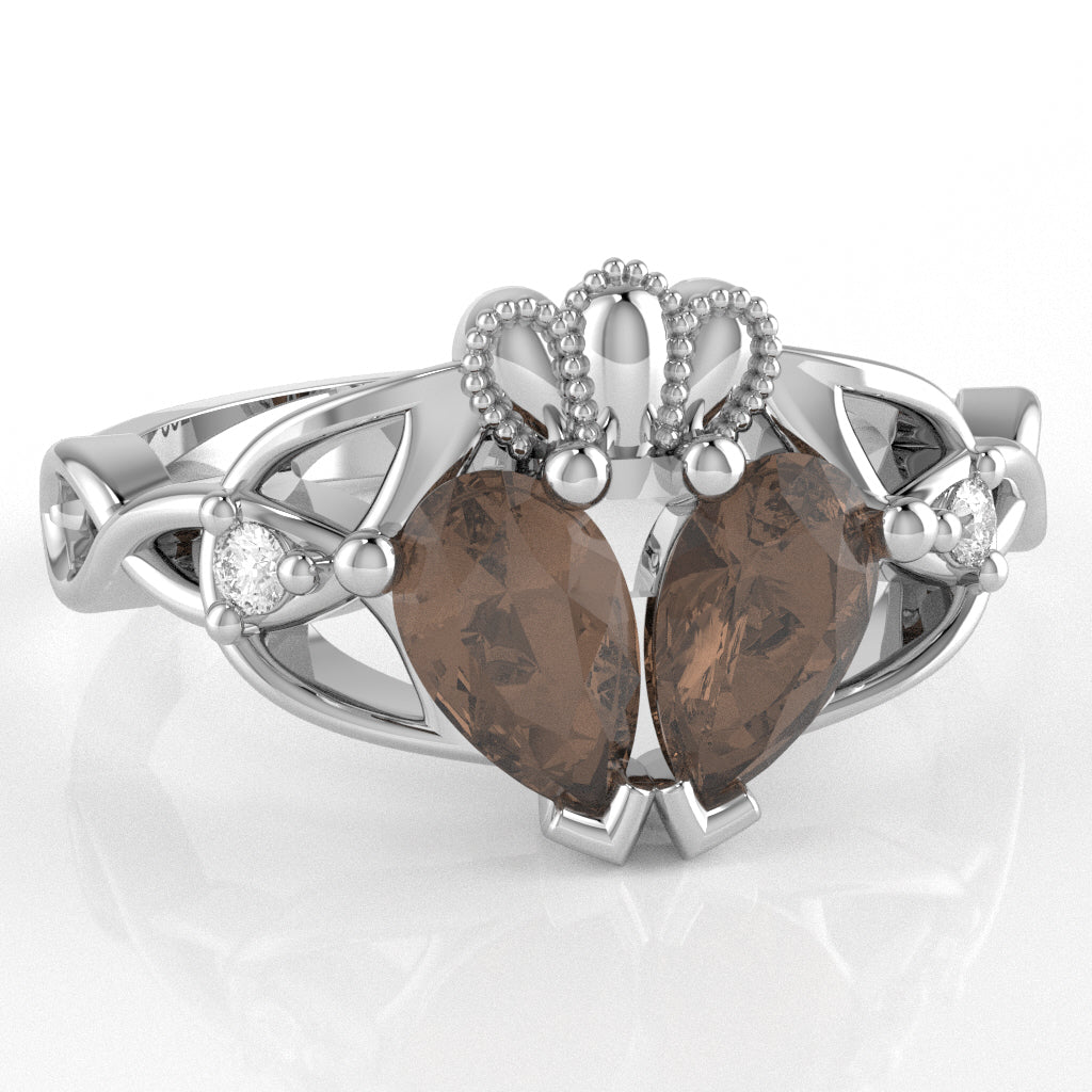 Smoky Quartz Diamond Celtic Knot Heart Claddagh Ring In 14k White Gold