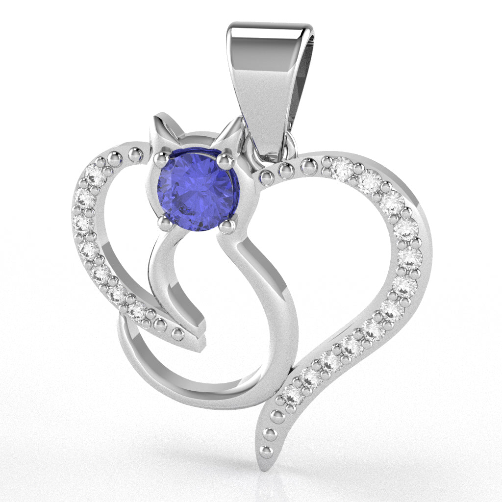Tanzanite Diamond Cat Love Heart Pendant In 10k White Gold