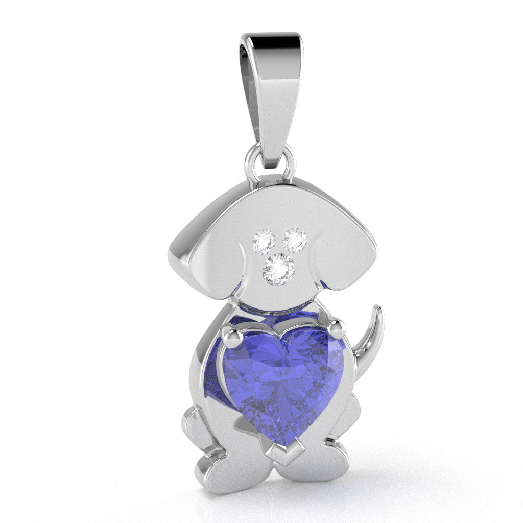 Tanzanite Diamond Puppy Love Heart Pendant In 14k White Gold