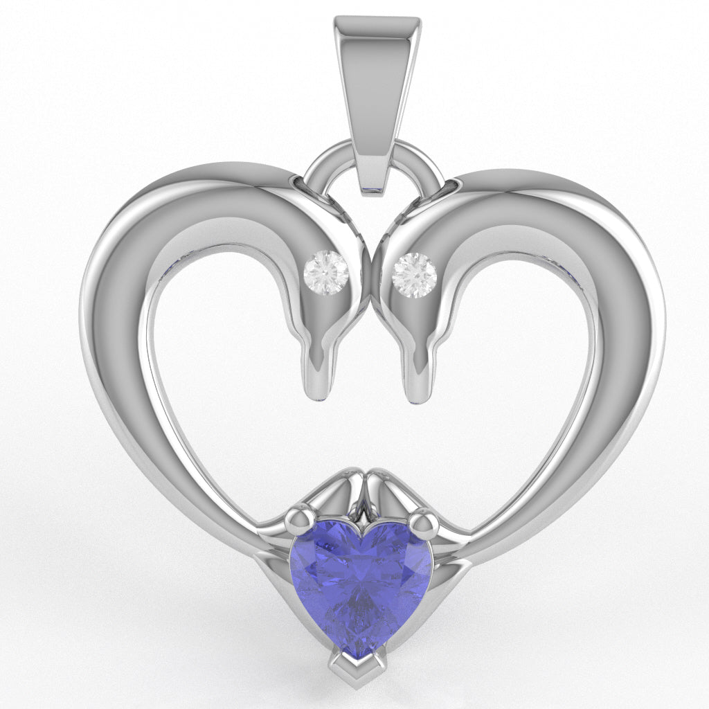 Tanzanite Diamond 2 Dolphins Heart Love Pendant In 10k White Gold
